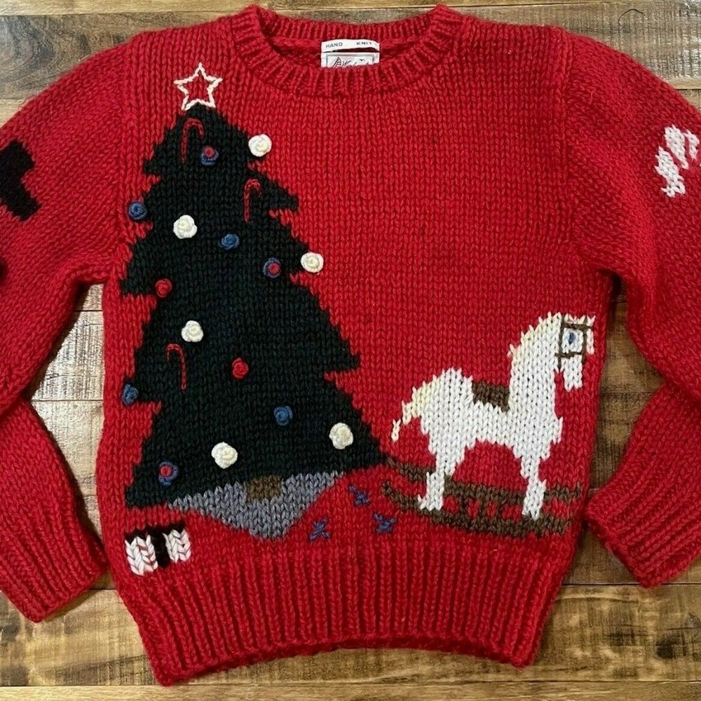 VTG Windcrest Hand Knit Women's Christmas Sweater Sz S Victorian Rocking Horse